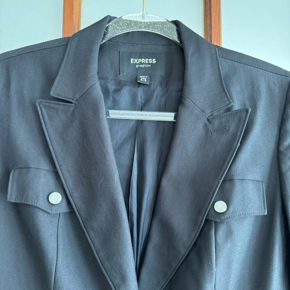 EXPRESS STRUCTURED BLAZER JACKET POCKETS STRETCHY NEW BELTED BLACK OFFICE NIGHT - Picture 6 of 9